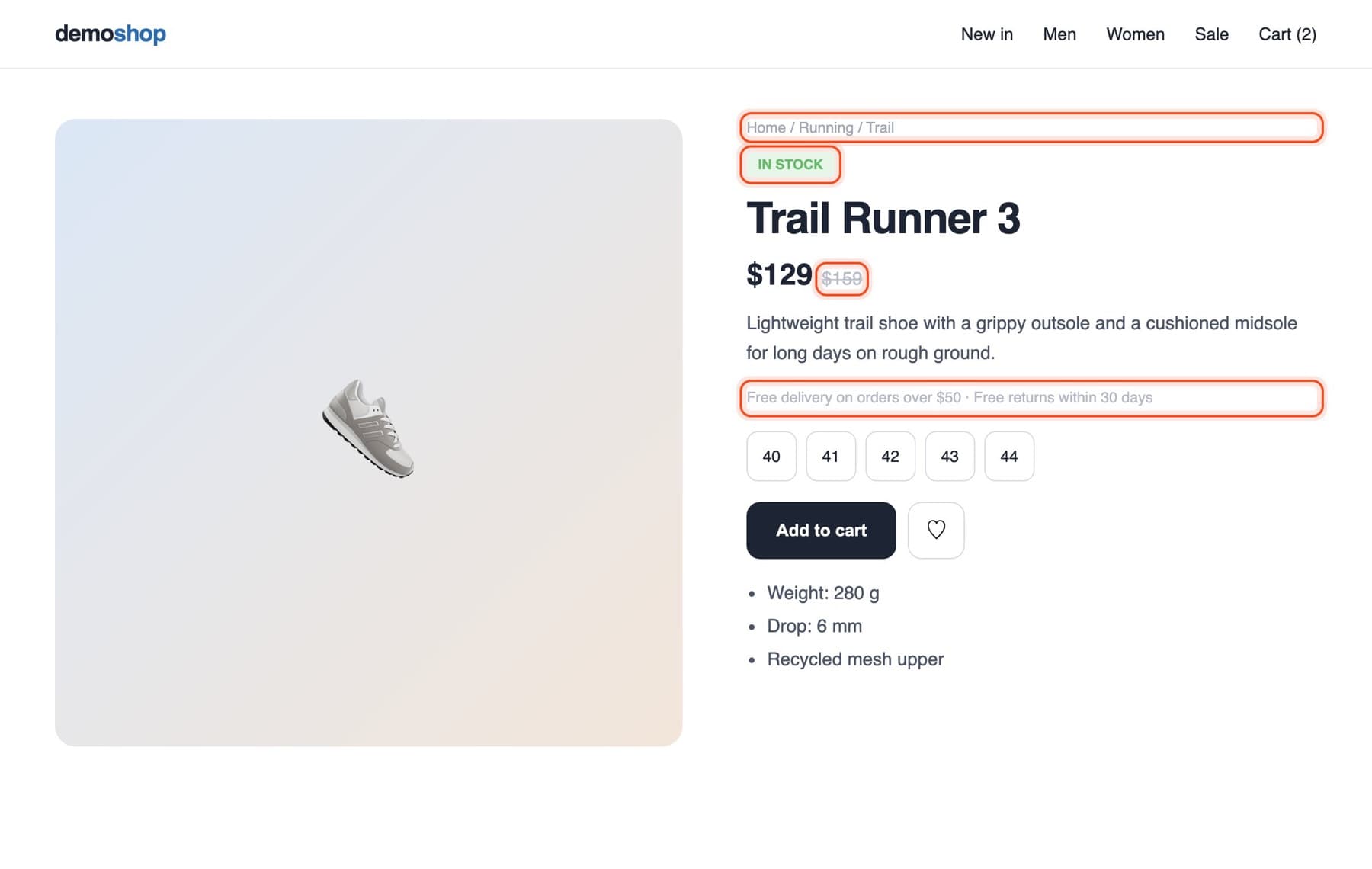 A shop page with hard-to-read text outlined and the exact colour fix shown