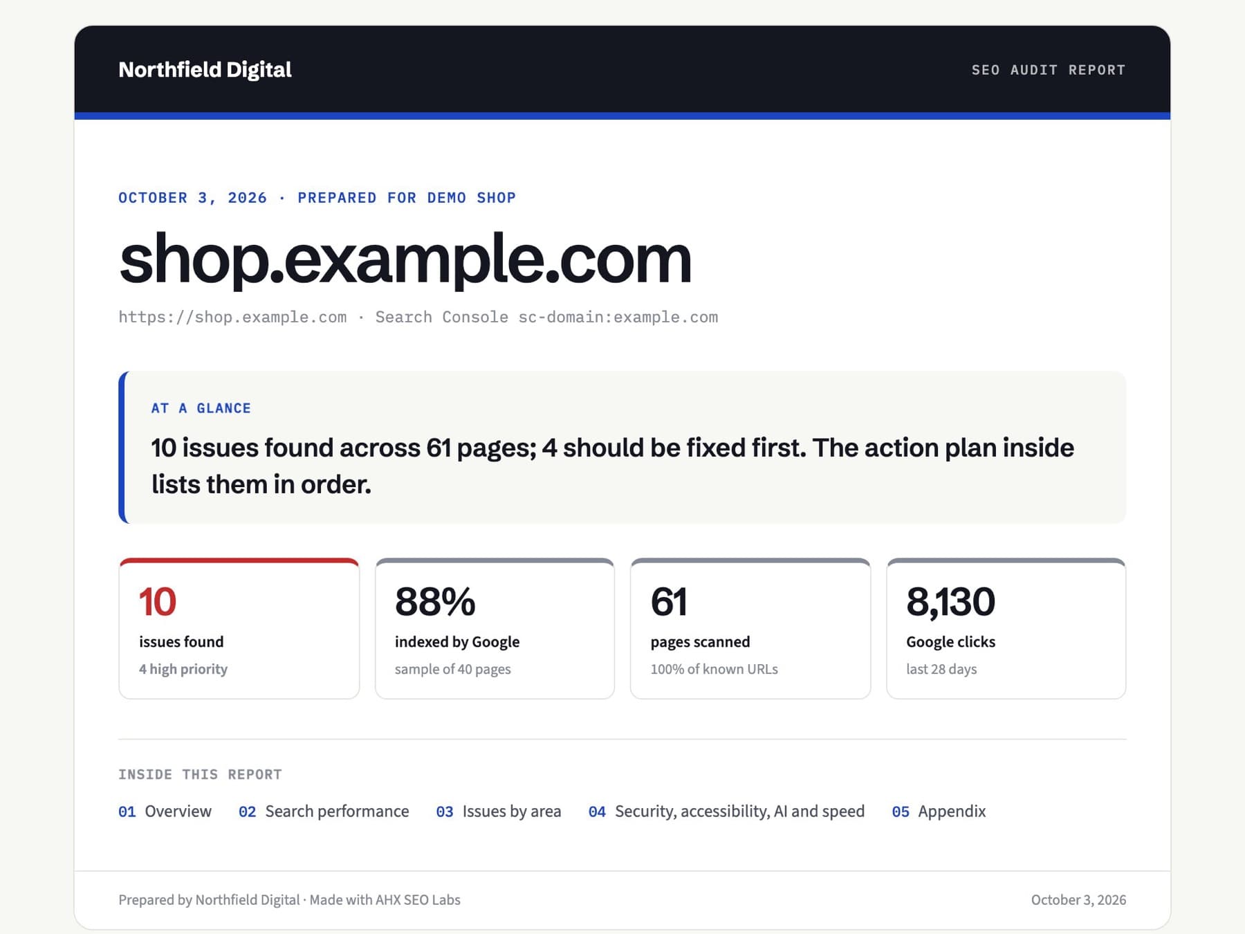 A branded audit report showing issues found, pages indexed and Google clicks